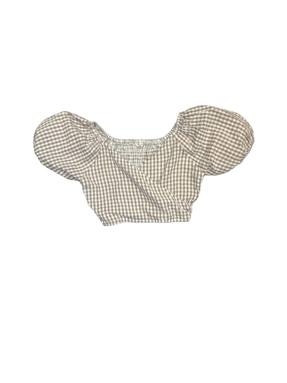 Sim & Sam Beige Gingham Puff Sleeve Crop Top Cotton Cottagecore Size Medium - Picture 6 of 9